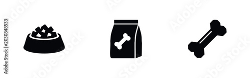 Canvas Print A set of black and white pet food icons featuring a full food bowl, a bag of dry food with a bone logo, and a dog bone isolated on white background