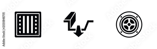 Photos Set of black drainage system icons including a square grate, a gutter profile with flow direction, and a circular floor drain on white background