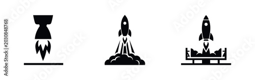 Photos A minimalist vector set of three black rocket launch icons featuring engine fire, liftoff with smoke, and a launchpad