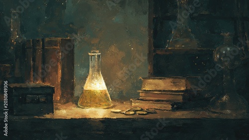 古書と薬瓶が並ぶ錬金術研究室の幻想的イラスト背景