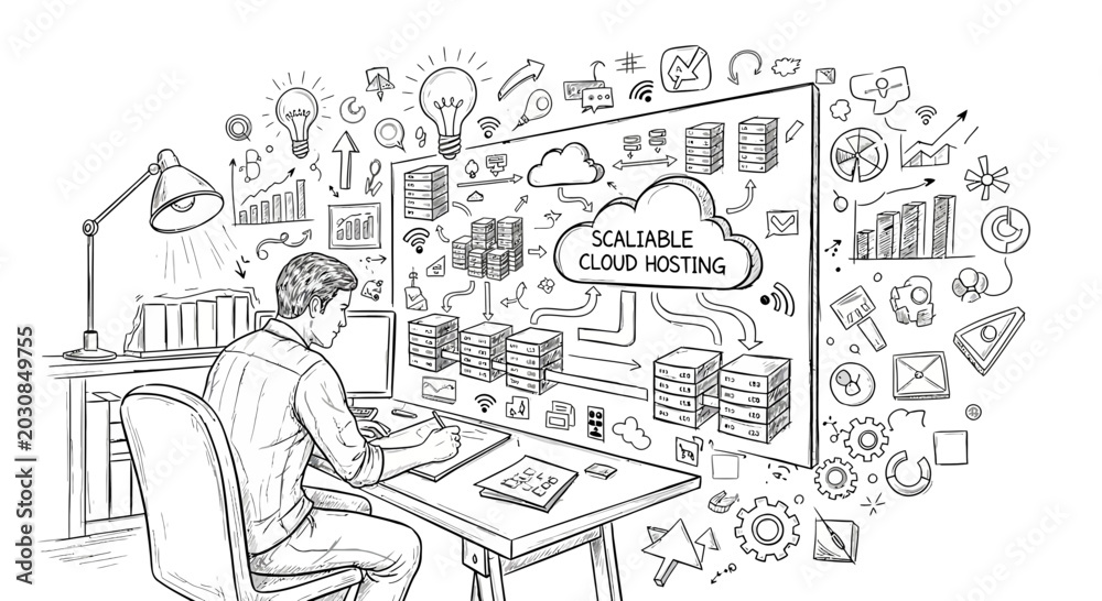 Obraz premium Man working on scalable cloud hosting concept with icons and charts