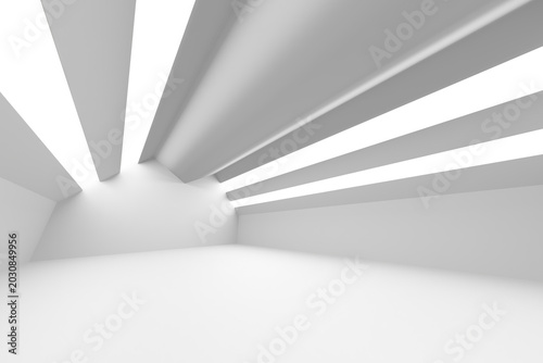 White vaulted interior with linear skylight slits creating directional beams for minimalist background and studio stage design.3d render