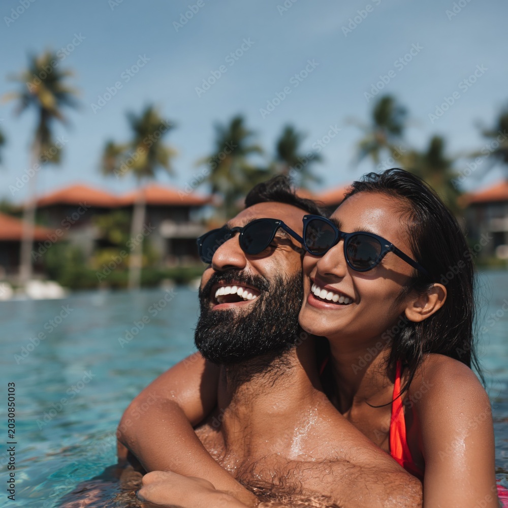Obraz premium Couple embracing in pool at tropical resort with palm trees