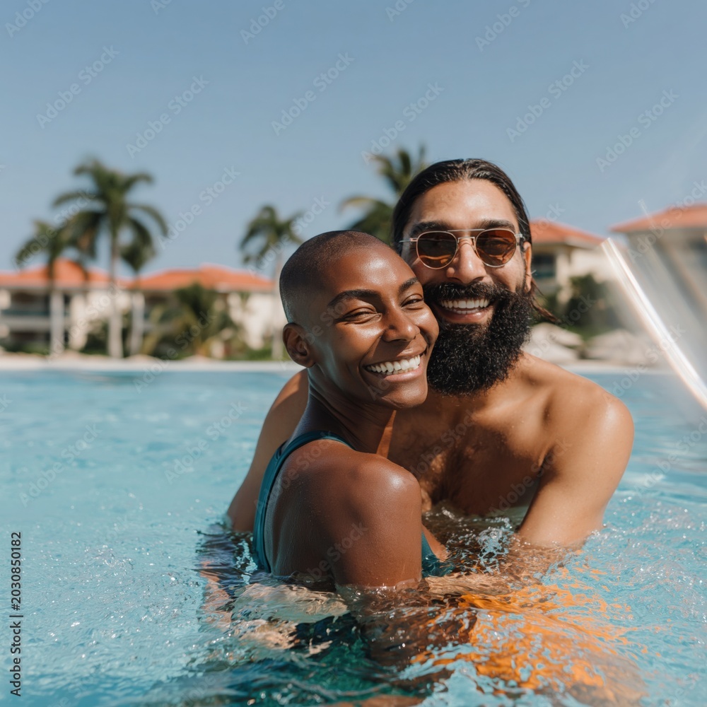 Fototapeta premium Couple embracing and smiling while in swimming pool