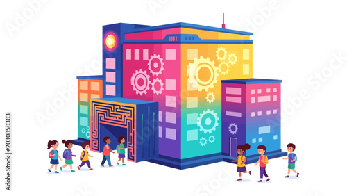 Konstfotografi Futuristic Learning Center: A vibrant, colorful modern building, adorned with abstract gears and maze-like entrance, welcomes diverse children eager to explore and learn