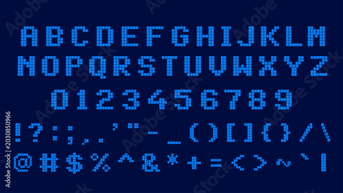 Retro pixelated alphabet and numbers in blue on a dark background