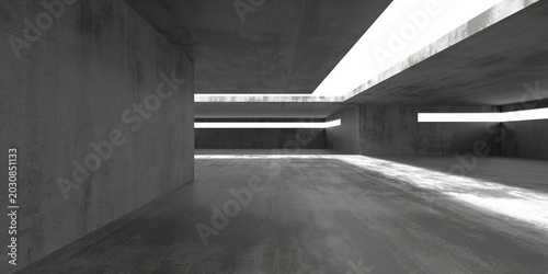 Fotografía Minimal raw concrete interior with horizontal skylight strips and polished floor for industrial background and architectural scene