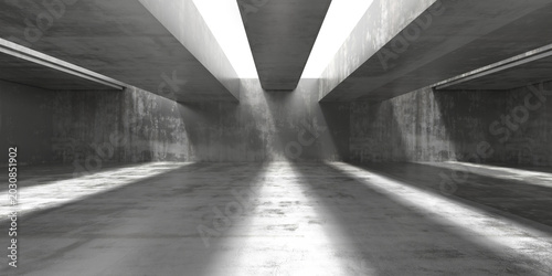Εκτύπωση καμβά Large concrete hall with parallel light beams from skylights for industrial background and architectural visualization