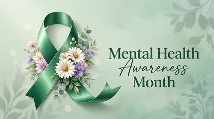 Mental health awareness month banner with ribbon and floral arrangement