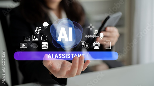 Photos Person Using Smartphone with AI Assistant Innovations and Icons Representing Technology and Communication Tools in Modern Office Setting Fluxor