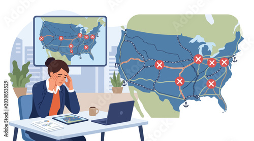 Stressed businesswoman analyzing supply chain logistics and shipping routes on a digital map. EPS Editable. Vector Illustrations.