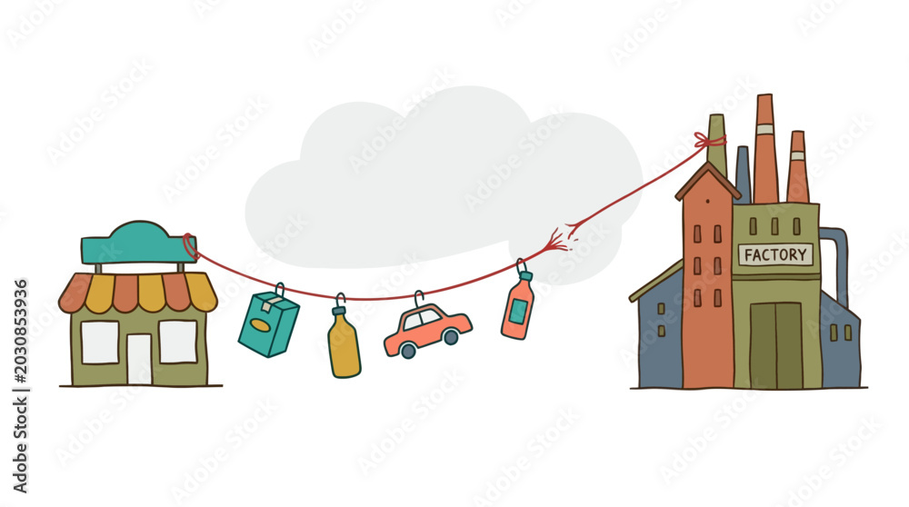 Fototapeta premium Supply Chain Illustration with Factory and Retail Shop Connected by Rope. EPS Editable. Vector Illustrations.