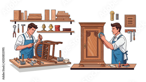 Tableau sur toile Woodworking Restoration: Two craftsmen meticulously restore antique wooden furniture, one assembling a chair and the other polishing a cabinet, showcasing the art of fine woodworking