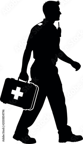 Bild auf Leinwand Silhouette of emergency medical responder walking with first aid kit isolated on