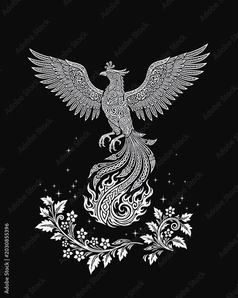 Fototapeta premium Decorative phoenix firebird with ornate wings and floral ornaments on black background