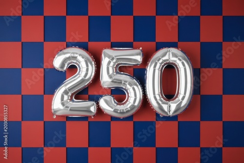 Silver balloons forming the number 250 on a red and blue checkered background