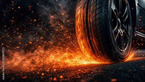 High performance rubber tyre spinning on dark asphalt creates blazing orange embers and cinematic fire sparks during intense high speed motion