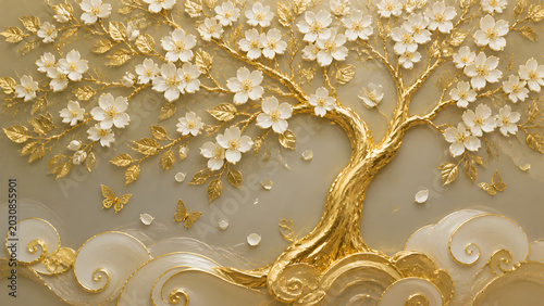 Golden Tree Wall Art with White Flowers and Butterflies, Decorative Floral Mural Design