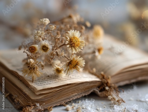 Dried flowers on antique book