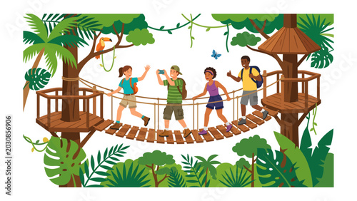 Obraz na plátne Jungle Adventure: A group of young explorers navigates a rope bridge suspended h