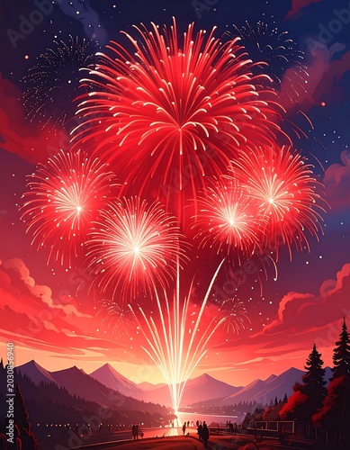 Vibrant Fireworks Display at Dusk Mountains.