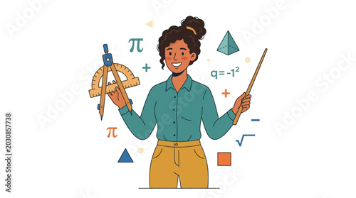 A friendly female mathematics teacher explaining geometric concepts with tools. EPS Editable. Vector Illustrations.