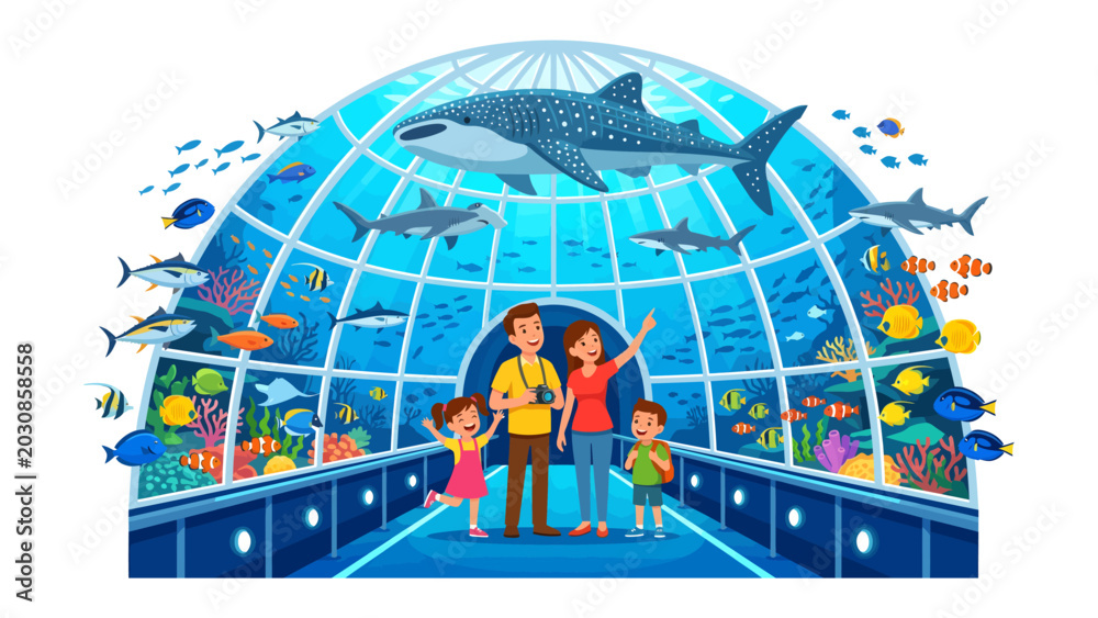 Φωτογραφία Family Fun at the Aquarium: A joyous family explores the wonders of the underwater world, marveling at diverse marine life within a spectacular aquarium