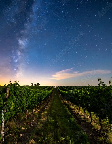 Vineyard rows under starry night sky.