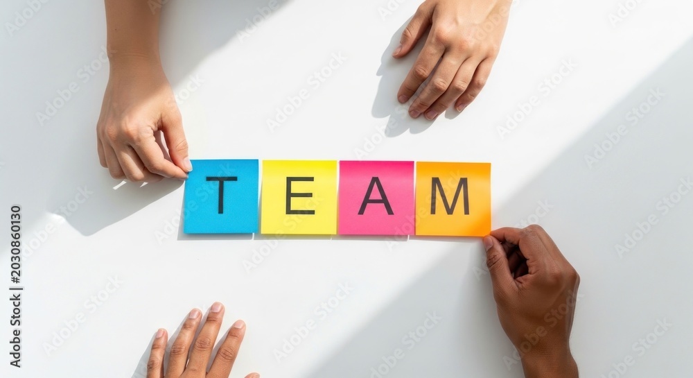 Obraz premium Hands Arranging Colorful Sticky Notes Spelling Out TEAM on White Table.