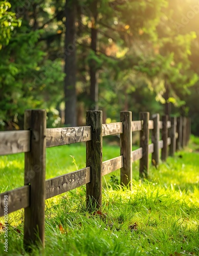 Wooden fence in green grass field.