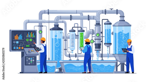 Fotografi Modern Water Treatment Facility: Workers monitor and control operations at a cutting-edge water purification plant