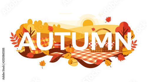 Autumn picnic scene: An illustration depicting a joyful autumn picnic in a park, with a picnic blanket, basket, and colorful fall foliage. The word AUTUMN is prominently displayed.