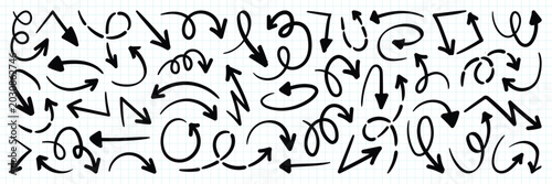 Set simple arrows isolated. Hand drawn doodle arrows set. Curvy, sketchy  directional symbols. Collection of swirl arrow elements for infographic design vector illustrator.