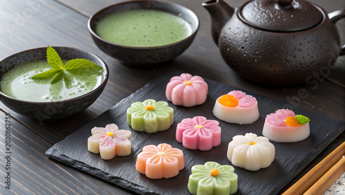 High angle cinematic close up of traditional wagashi Japanese sweets with matcha green tea and black teapot on dark wooden table