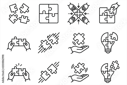 Creative puzzle-piece icons set showcasing teamwork collaboration innovation problem-solving and brainstorming concepts in monochrome line art