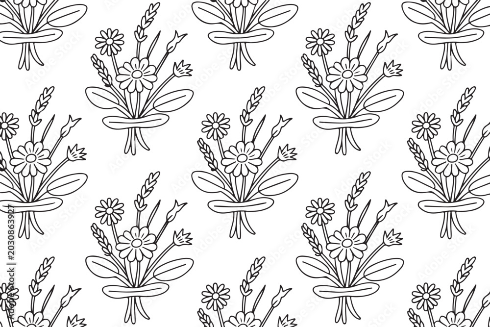 Fototapeta premium Elegant hand drawn floral seamless pattern with black outline flowers on white background