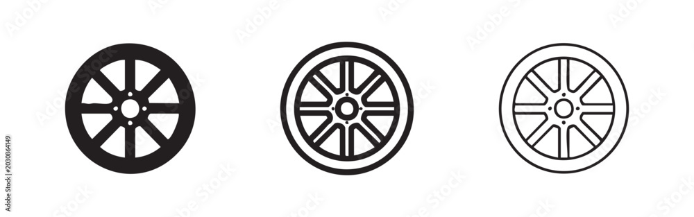 Fototapeta premium Set of Car Wheel and Rim Icons, Automotive Parts and Tire Service Symbols