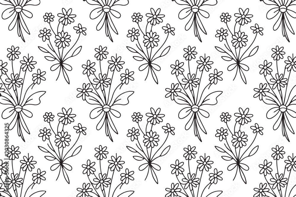 Fototapeta premium Elegant hand drawn floral seamless pattern with black outline flowers on white background