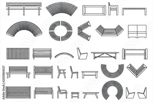 Collection of modern outdoor wooden park furniture designs including benches chairs tables and curved seating arrangements in black and white vector illustration