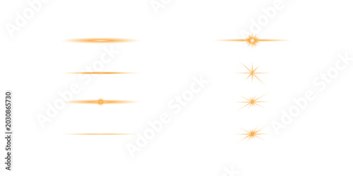 Abstract Orange Light Streaks With Starburst Effects On transparent Background . Magic flash laser strip divider with glitter shimmer design illustration. Horizontal golden neon streak effect .