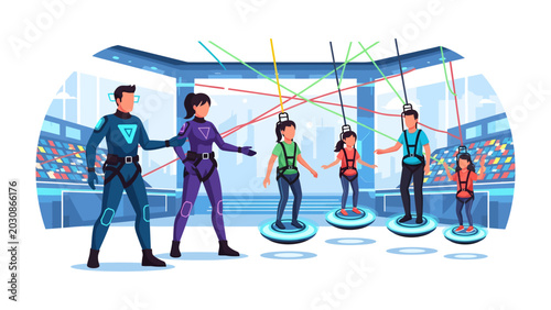 Tableau sur toile Future VR Arena Adventure: A family engages in an immersive virtual reality experience in a futuristic arena, surrounded by digital grids and glowing laser beams, testing their reflexes and teamwork