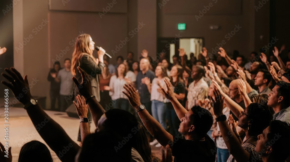 Fototapeta premium Worship leader singing with hands raised in a modern church service