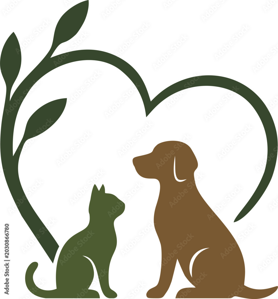 Fototapeta premium stylized illustration of a dog and cat inside a brown and green heart-shaped tree.