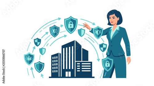 Businesswoman protecting office building with digital security shields. EPS Editable. Vector Illustrations.
