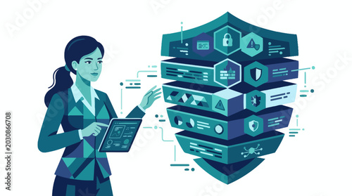 Businesswoman presenting data security layers and cybersecurity shield. EPS Editable. Vector Illustrations.