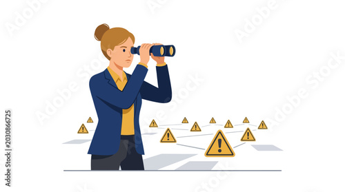 Businesswoman using binoculars to survey potential risks and hazards. EPS Editable. Vector Illustrations.