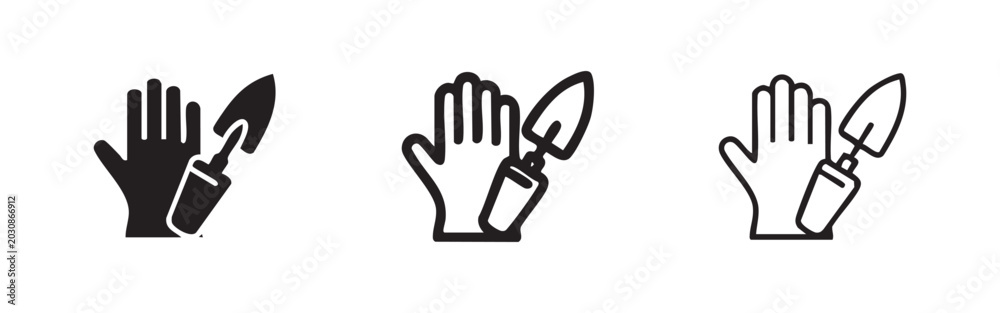 Obraz premium Gardening Glove and Trowel Tools Icons Set in Three Styles: Solid, Outline, and Thick Line