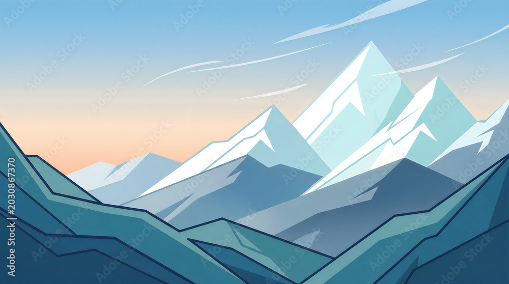 Fototapeta premium Snowy mountain range at sunset