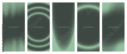 Vector sage green dither halftone pattern set, vertical 9:20 aspect ratio including assorted frames. Different 8 bit pixel art design element collection: fluid, circular, oval, round and smooth border