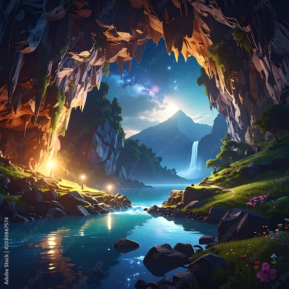 Fototapeta premium Cave entrance with river and waterfall.